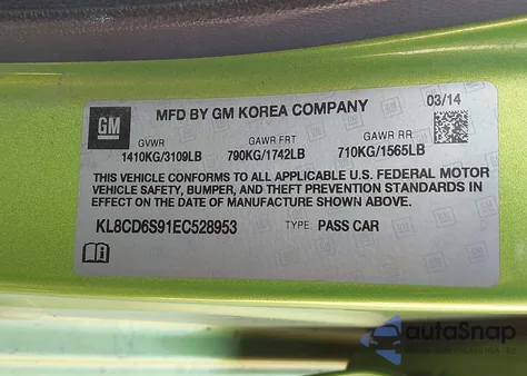 2014 Chevrolet Spark 1Lt Auto z USA, uszkodzony, nr VIN KL8CD6S91EC528953